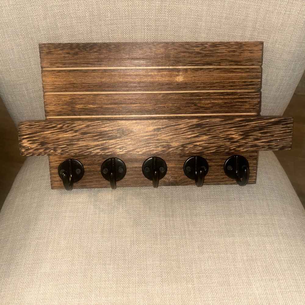 Wooden Wall Key Holder with Black Hooks